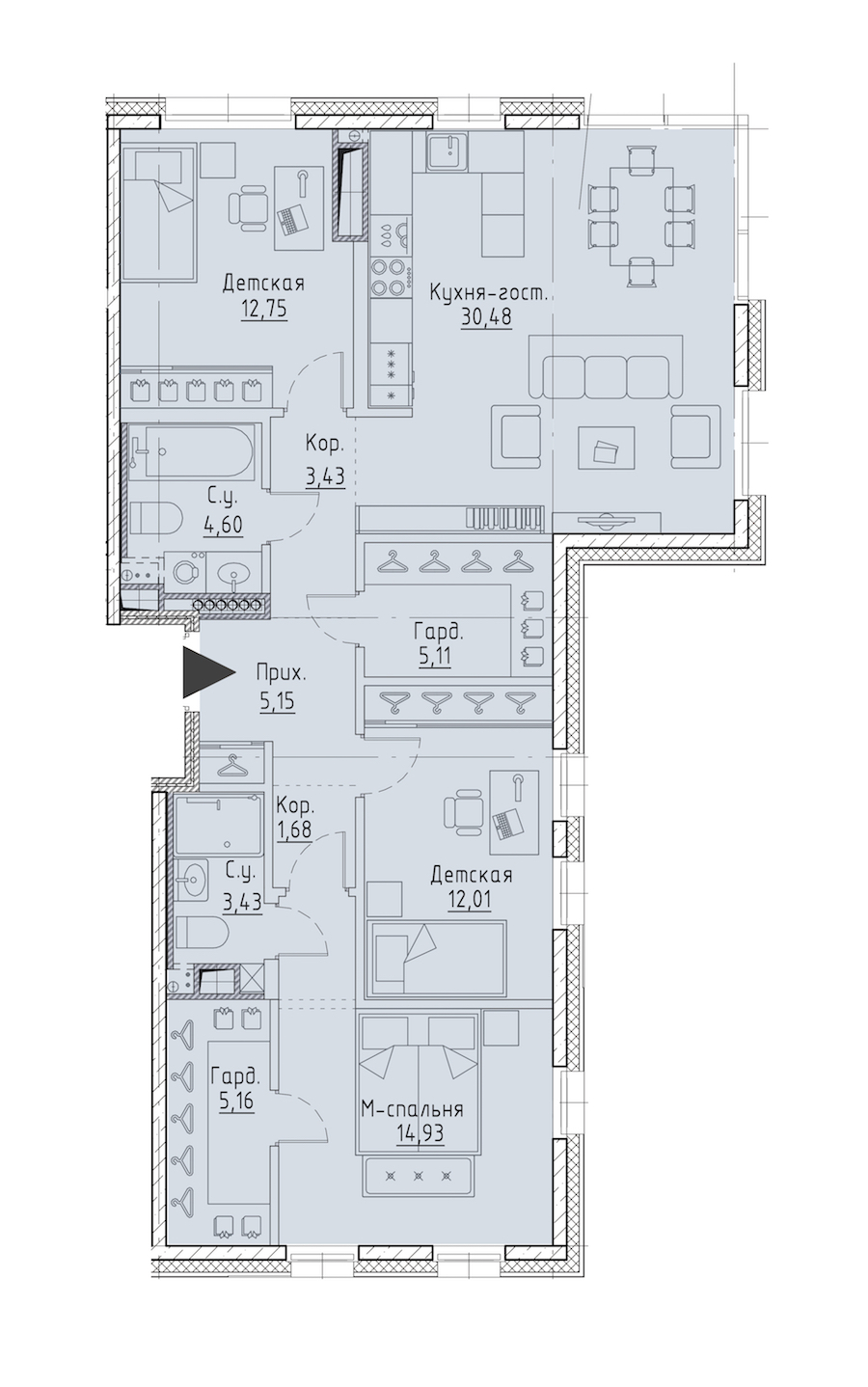 3-комнатная квартира 98.73 м², 5/9 эт., ЖК «LEGENDA Чёрная речка 41»